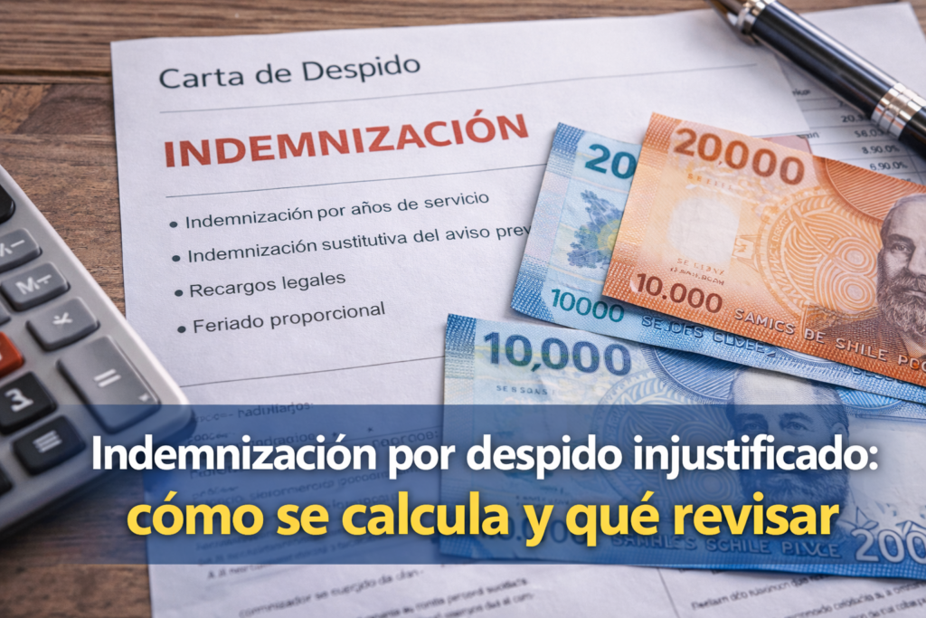 Documento de indemnización por despido injustificado con cálculo de pagos, dinero chileno y conceptos legales clave sobre compensación laboral